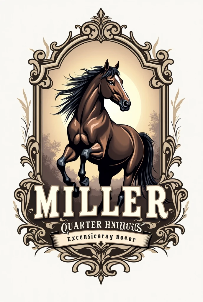 {
"size": "1024x1024",
"prompt": "Design an intricate and eye-catching logo for 'Miller Quarter Horses', a horse trainer page. The logo should feature a sophisticated and elegant typography for 'Miller Quarter Horses', incorporating decorative elements that reflect the strength and grace of quarter horses. Include a detailed and dynamic depiction of a quarter horse in motion, with fine lines and shading to capture its muscle and movement. Integrate subtle, artistic patterns or flourishes that complement the horse illustration. Use a rich color palette with contrasts to ensure the logo stands out. The background should be a contrasting color to highlight the logo's transparent background, ideal for t-shirt printing."
}
