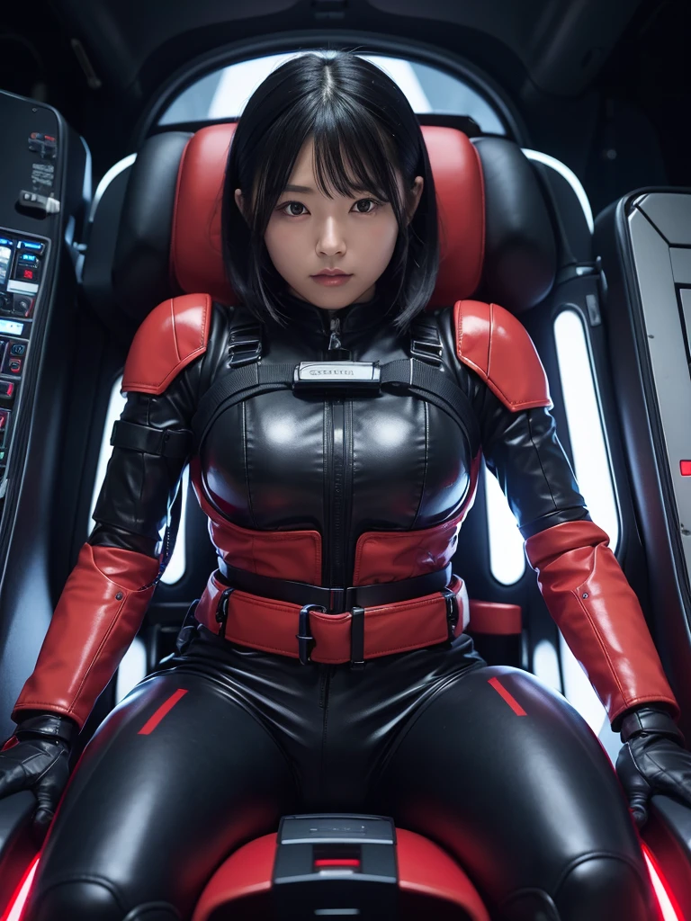 Japanese female android,Black Hair,Space capsule,The person is completely secured in the seat with the backrest reclined by a thick harness belt.,Plump,Wide-legged squats,Light red shiny robot suit,Surrounded by switches and monitors,