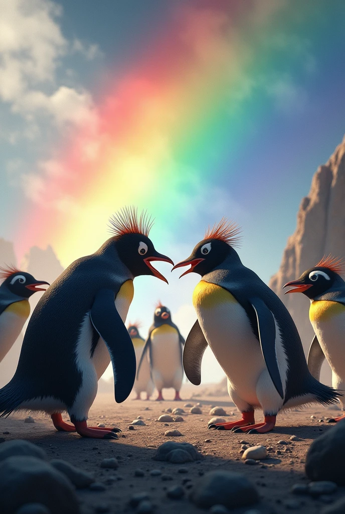 Rockhopper penguins、war、rainbow、