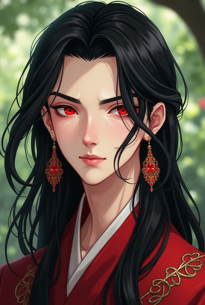 Make a handsome guy that have long black jet hair and red ruby beautiful eyes and have ared long earings. Give him a half body with a clothed from murim and have a garden background and give him a milky skin but give him a little cartoony look but not too much