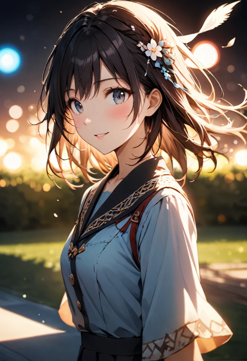 ((Highest quality)),Delicate illustration,Detailed depiction, masterpiece, Boho Eye Hinai Girl, Playful Themes, ((Group of 2))、((Two girls))、High school girls、Raw photo of a girl in uniform。Decorative details and symbols are often used。, Brown hair gently fluttering in the wind,Clear blue eyes、A gentle smile、Raw photo of a girl in uniform。Decorative details and symbols are often used。, Black hair gently fluttering in the wind,Clear red eyes、A gentle smile、 Long-distance shots, High Key Light, Hard Shadows, Soft bokeh, Professional photography, A balanced deal, Balanced Exposure,