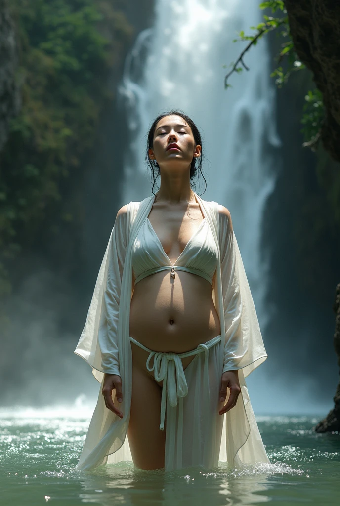 Illustrate a woman undergoing spiritual training by standing under a waterfall, her wet kimono clinging to her body and revealing her translucent skin. Most beautiful face and voluptuous body.Capture the serene and introspective atmosphere of the scene, with the woman's closed eyes and serene expression conveying her deep focus and dedication to her mental and physical discipline. Use a muted color palette to enhance the tranquility of the surroundings, with the waterfall cascading down from a rocky cliff and the surrounding foliage adding a sense of natural beauty and isolation. Pay attention to the details of the woman's wet kimono, with its intricate patterns and folds, as well as the gentle play of light and shadow on her skin. Depict the water droplets falling from her hair and the mist rising from the water, creating a sense of movement and energy in the image. Overall, create an image that represents the transformative power of nature and the inner strength of the woman undergoing her spiritual journey.