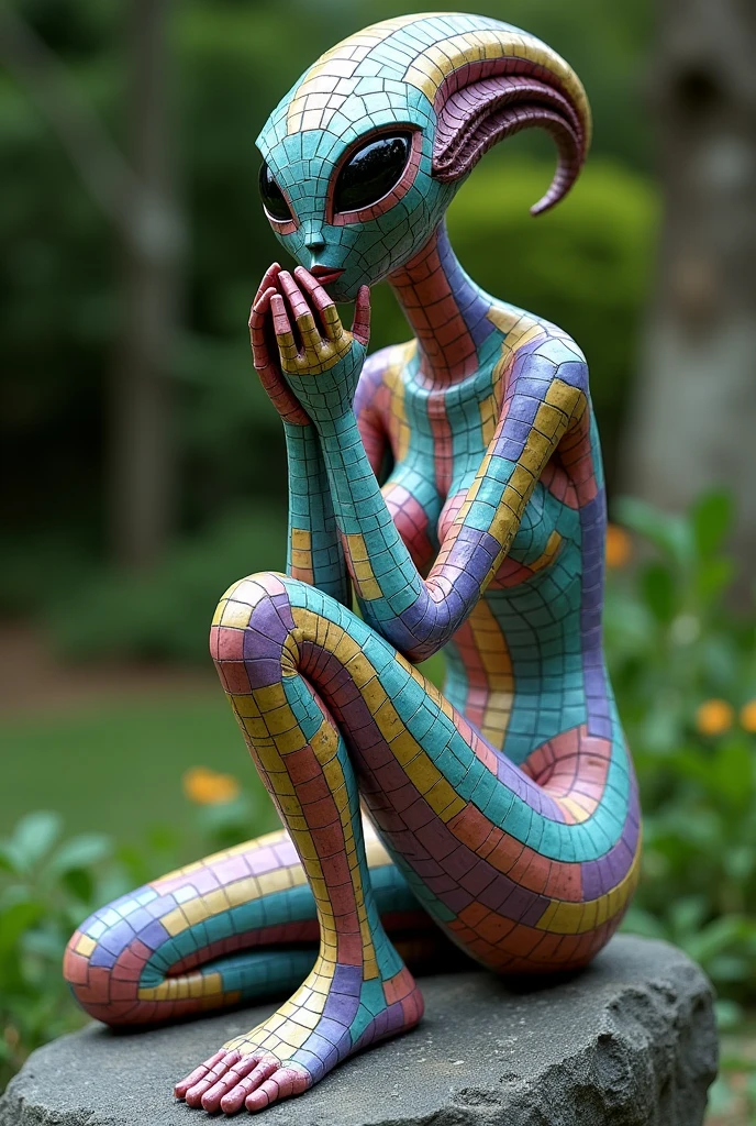 (Cool ceramic mosaic surface Alien Queen statue), Sitting on a stone, Holding chin with both hands, Diffuse lighting, fantasy, complex, elegant, Colorful grid suit, Very detailed, Garden Background,(Best quality,4K,8k,high resolution,masterpiece:1.2)