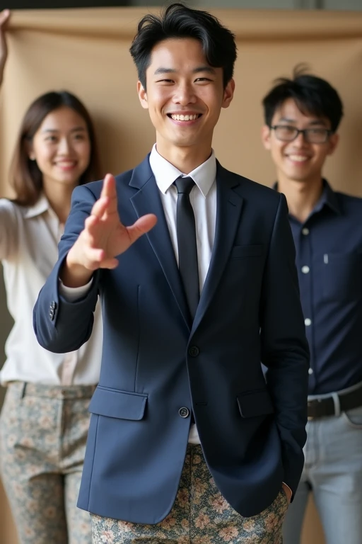 Ảnh hồ sơ của nam sinh viên Việt Nam đang nhìn thẳng vào màn hình. Above wearing a neat suit and tie, below wearing sloppy floral pants., wrinkled. The pants look old.. Behind him are two friends holding a makeshift backdrop to help him take a photo.. Photo taken from the guy's knee up. Chàng trai cười nhăn nhở, spread one hand out toward the lens as if inviting. spread it.