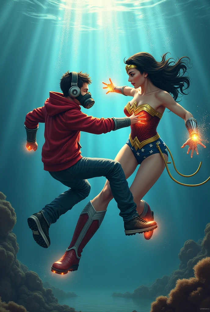 ??? Star-Lord with red hoodie, Rocket boots, headphones, star-lord helmet, gas helmet, Covered mouth, Round & red eyes + Wonder woman, big breasts, perfect body, Busty, ocean floor, realistic, underwater, power, Kick, Attack, magic rings in the hands, Fighting, power, fiction, full body, 2 persons, magic lasso, hight, fall, fire in boots, powerful spells, realistic, helmet, mask, float, war, kill, dead, wound, full scene