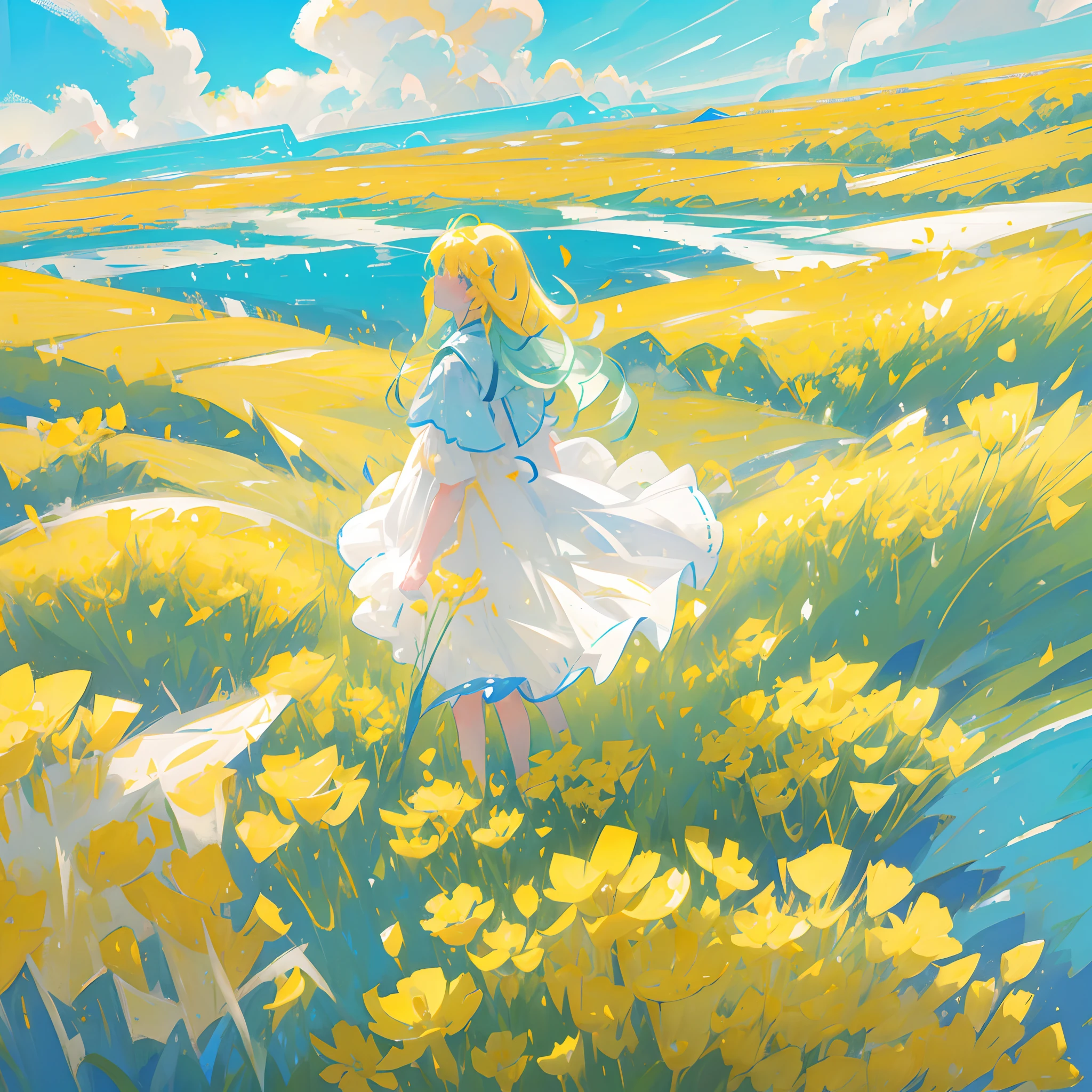 (horizon), Flat bright yellow flower field, Deep blue sky and clouds, Very detailed, Low Angle, Floating petals, landscape