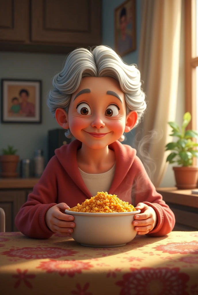 Grandma is eating food.