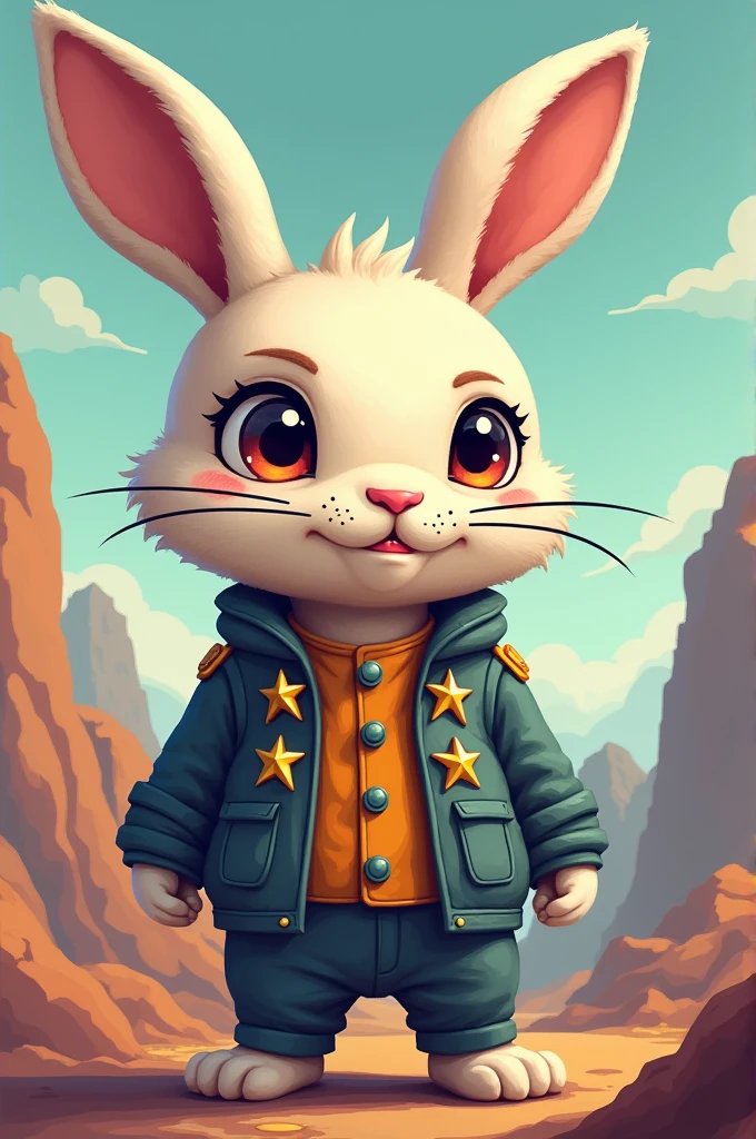 An adventurous rabbit wearing star badges in his suit, pixelated style