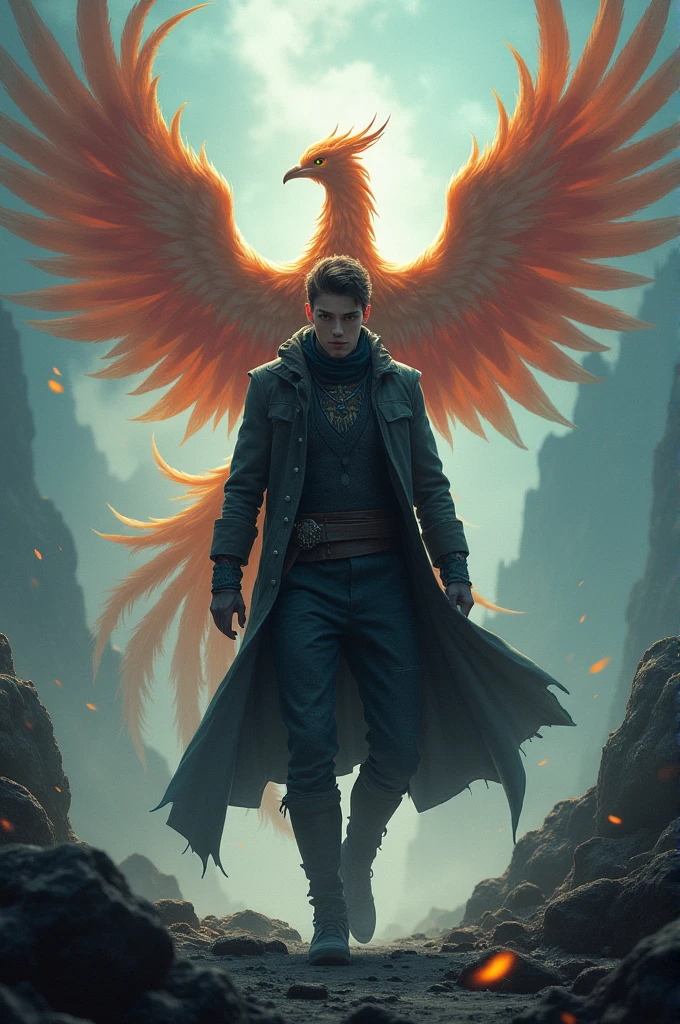 Create a picture that can be used as a gaming profile picture with a mysterious young man walking and the mythical creatures Phoenix in the background