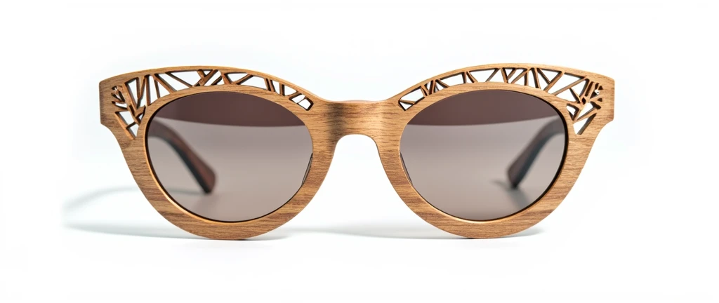 Wood make fancy eyewear with luxury touch, eye cat frame shape. add minimalist Morocco berber style gravure sculptures in upper half of the frame, in front side positing forward to camera, minimalist. The frame is standing in forward position toward the front. 