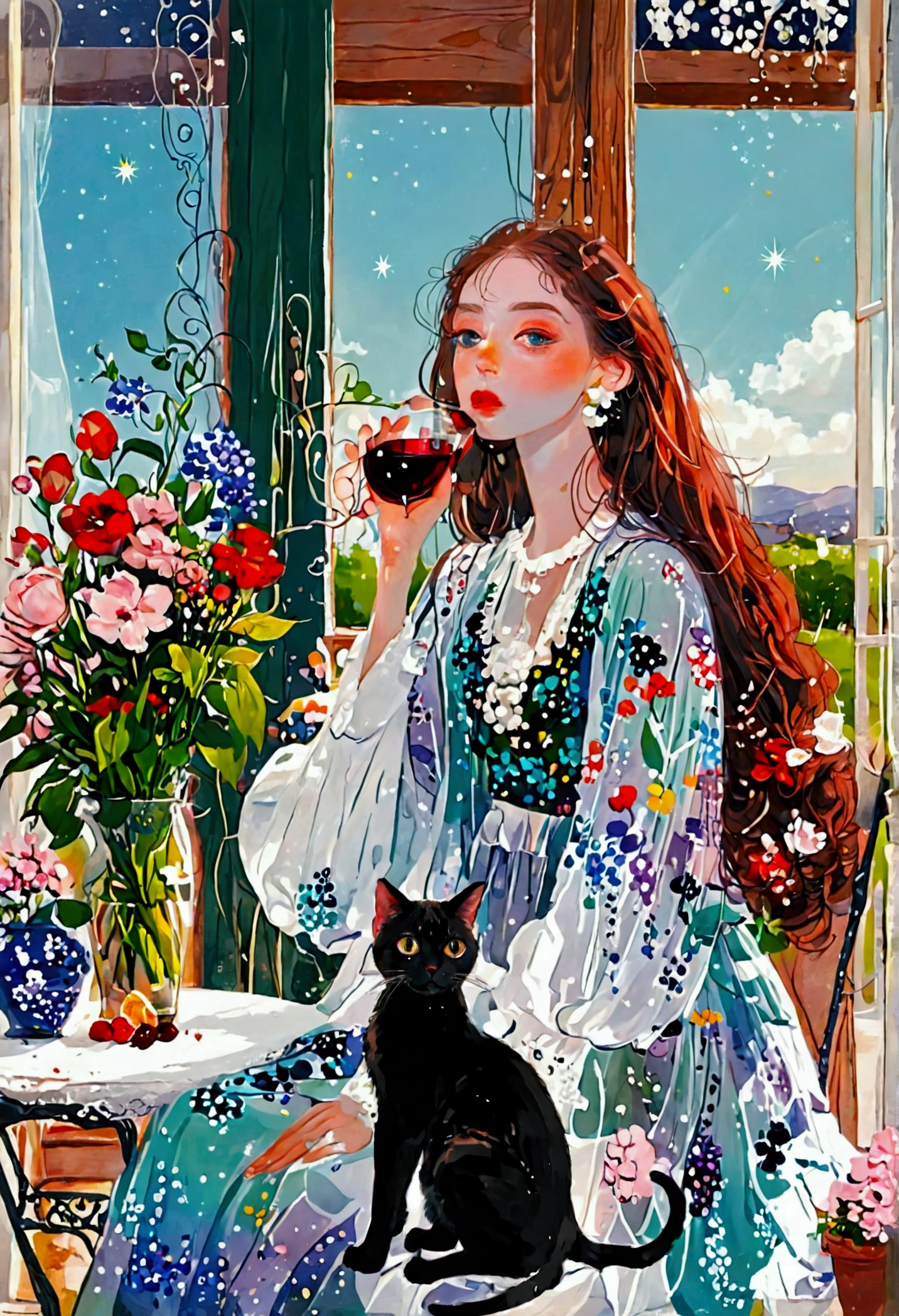 beautiful woman, (((full body))), ((background outdoor house)), (best quality), 1girl, solo A room with glass windows, curtains, a young woman with long black hair, red hair , White eyes with red pupils stare at sky, sitting on a chair, She is sitting and drink wild in front of the house., There are flowers, flower pots, a table, a wine glass, a wine bottle, a lamp, a black cat, Outside the window, there is a dark sky and stars.