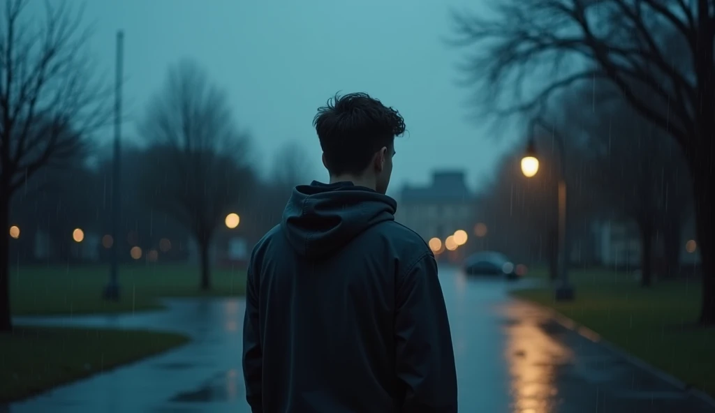Create a scene for the main video image where a young man is standing alone in the rain, looking out over a quiet, dimly lit street or park. The setting is dusk, with the sky overcast and the street lamps glowing softly in the background. The man is dressed in a simple, dark hoodie or jacket, his posture slightly hunched as if weighed down by the emotions of unrequited love. The rain is gently falling, creating ripples in puddles and a reflective, almost cinematic atmosphere. The overall color palette should be cool and muted, with blues, grays, and subtle highlights from the street lamps. This image should capture the depth of emotion, evoking a sense of loneliness and longing, perfectly matching the theme of the song."