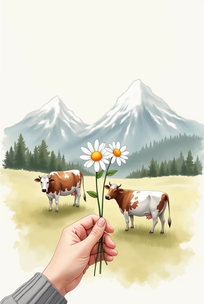 Painting in watercolor style mountains slightly snowy and falling plow two cows on the first background hand with chamomile