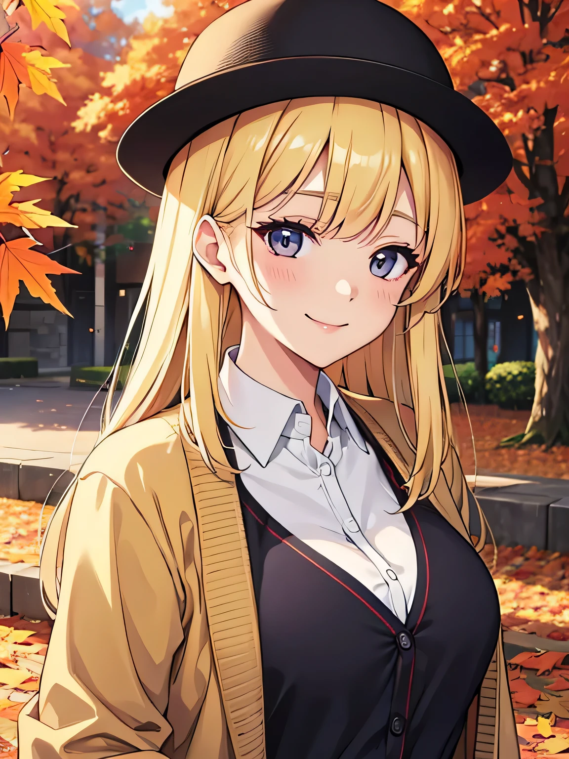 woman、autumn leaves、smile、Blonde、Long Straight、cardigan、G Cup