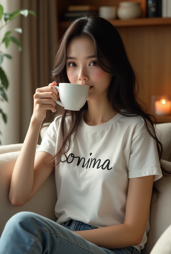 (photorealism.1.3) A beautiful young girl sitting on sofa and drinking coffee. Her name is Sonima and her name is printed on her t-shirt.