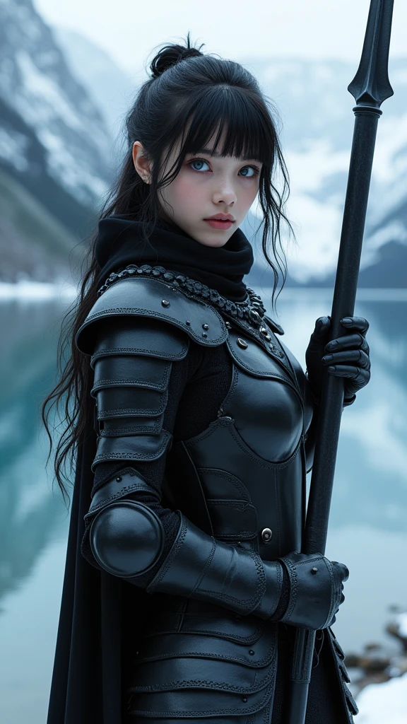 A pale beautiful young woman in her late 20s large breast, slender and stunning body, raven hair, messy hair, Deep blue eyes, Clad in full plated black armour, holding a black glive, near a serene lake on a snowy mountain Masterpiece, Anatomically Correct, Best Quality, Accurate, High Resolution, High Details, UHD, Large breasts, Bangs, Short Hair, Black Hair, Hair Between Eyes, Shiny Hair, Wavy Hair, stunningly beautiful like a goddess and pale ghostly white, Short hairAnime Style, Artistic, OP Art, Realism, 3D Rendering, high quality, (RAW photo, best quality), (realistic, photorealistic: 1.4), (extremely delicate and beautiful: 1.4), amazing, fine details, masterpiece, ultra detailed, high resolution, best illustration, best shadow, intricate, ( extremely intricate: 1.2), (exquisitely detailed skin), cinematic light, perfect anatomy, (cool color: 1.4), sharp focus, 8k UHD, DSLR, (Fujifilm XT3),(estilo cinematográfico :1.4), (efectos cinematográfico :1.4), (colores cinematográfico),