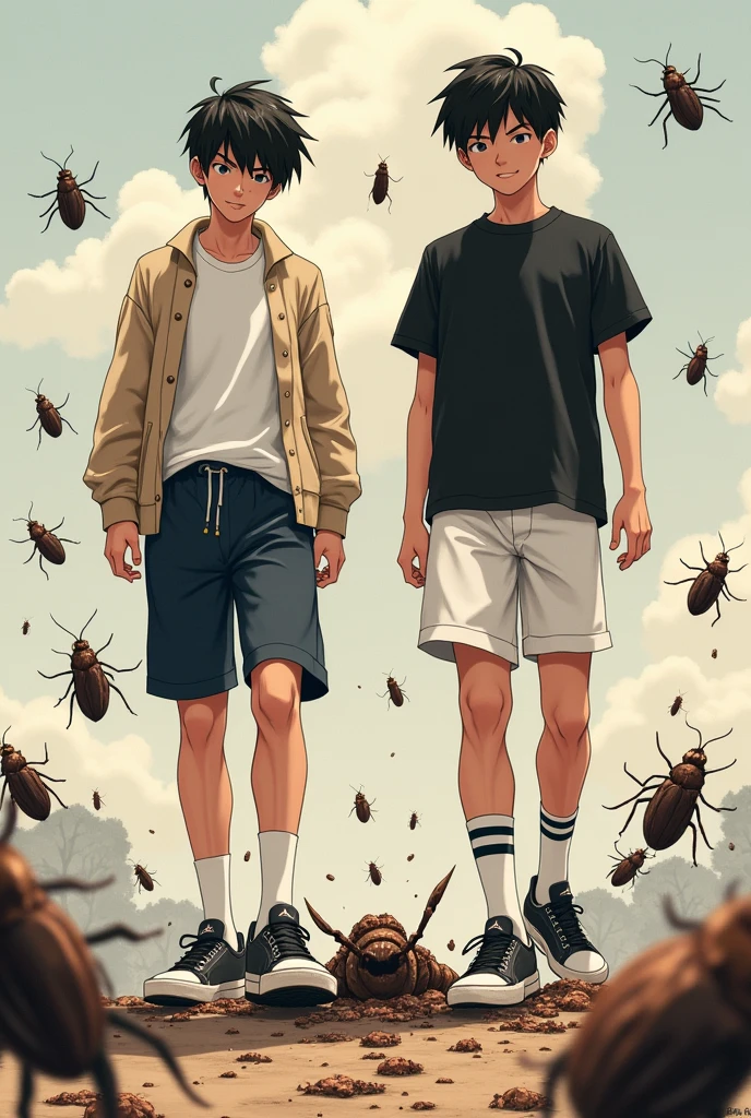 2 handsome asian male teenagers with tall and slim bodies. 1st wears a white shirt, beige cardigan, navy blue shorts, long white socks with 2 black stripes and air jordans. 2nd wears a black t shirt, white shorts, long black socks with 2 white stripes on it, and air jordans. They are stomping and trampling on a bunch of bugs, all crushed and smooshed underneath their feet