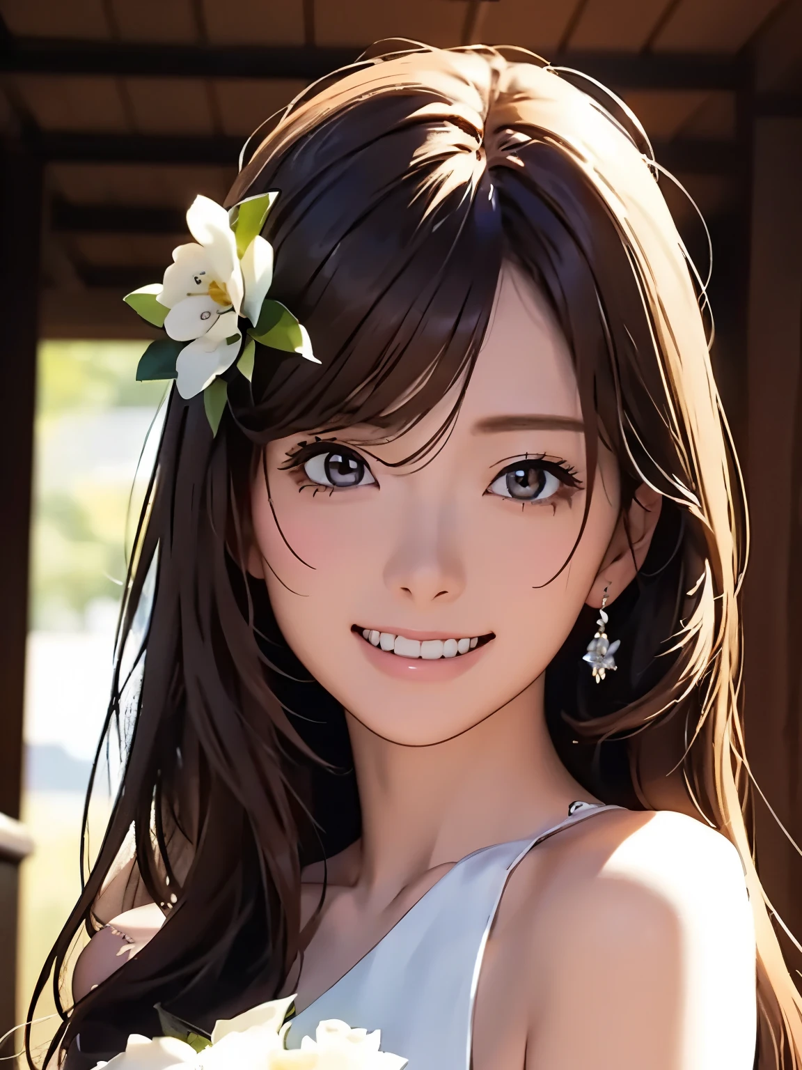 High resolution, 8k, Highest quality, detailed, Semi-realistic anime, Anime 3D Style, Smooth anime CG, One Girl, 20 year old Japanese woman, slim, Modeled, Shiny Hair, detailedな顔, Beautiful and detailed, Glowing Skin, Hard Focus、Film Grain, Soft lighting, Looking at the audience, Laughter,white、Ocean、Droopy eyes、Brown eyeballs on face、smile、Woman in prom dress、Long Hair Woman、detailedな顔、Clear Face、Mole、bouquet、(bride)