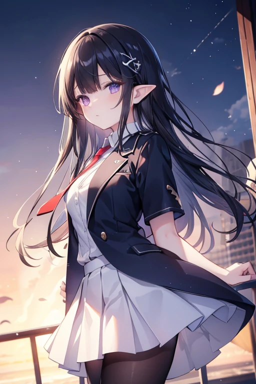 maisakurajima, sakurajima mai,elf, long hair, bangs, black hair, hair ornament, (purple eyes:1.1), hairclip,
BREAK skirt, shirt, school uniform, white shirt, short sleeves, pantyhose, pleated skirt, collared shirt, blue skirt, black pantyhose, red necktie, jacket, brown jacket,
BREAK outdoors, city,
BREAK looking at viewer,
BREAK (masterpiece:1.2), best quality, high resolution, unity 8k wallpaper, (illustration:0.8), (beautiful detailed eyes:1.6), extremely detailed face, perfect lighting, extremely detailed CG, (perfect hands, perfect anatomy),