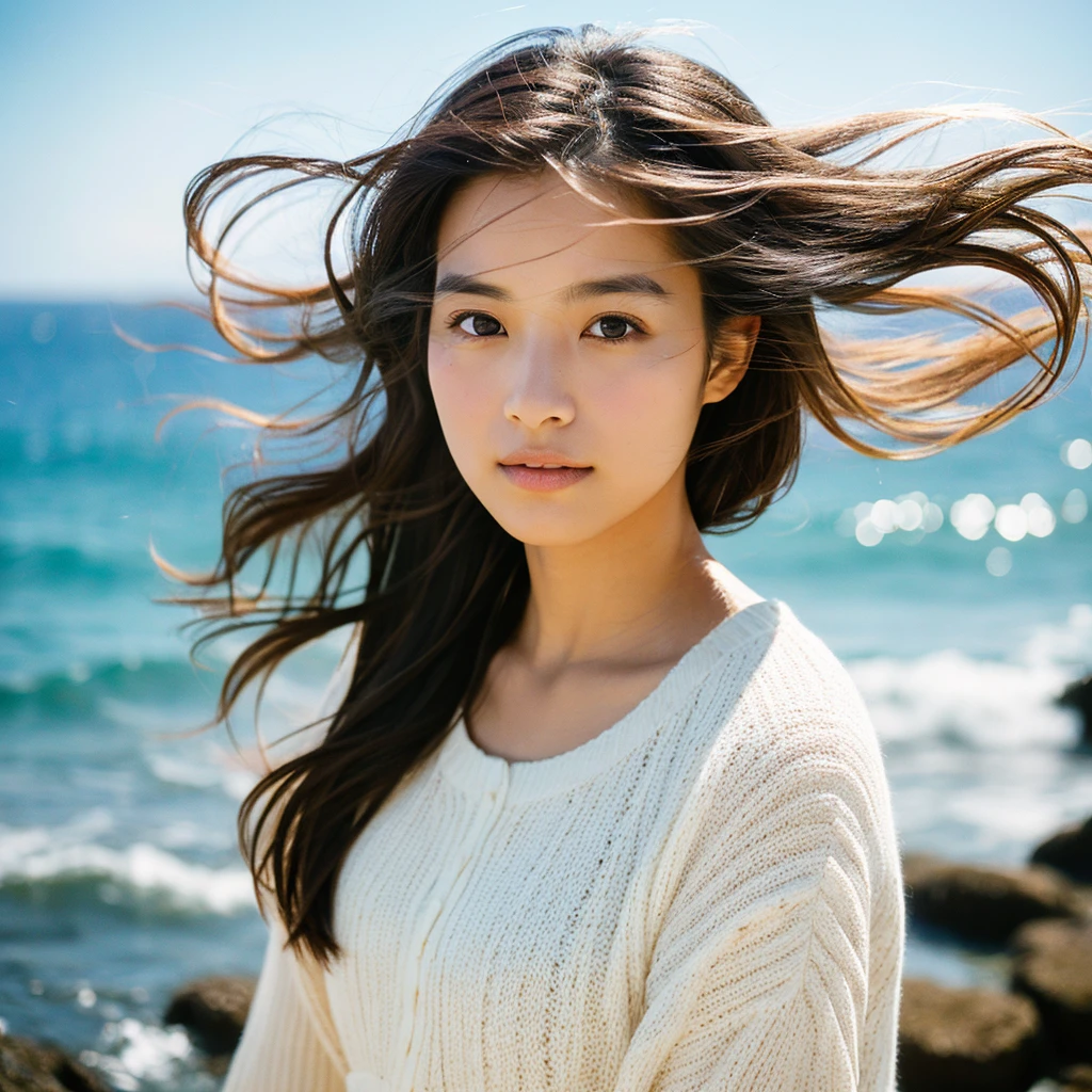 A hyper-realistic image of a single Japanese woman in her early 20s, captured with the nostalgic warmth and subtle graininess of a film camera, with the focus on her upper body from the shoulders up against a serene seaside backdrop. Her skin has a warm beige tone with a natural, slightly rough texture that includes visible pores, fine lines, and subtle imperfections such as small blemishes, adding to the authenticity of her appearance. The soft, diffused natural light reflects off the ocean waves, casting gentle, warm shadows across her face and shoulders, enhancing the film-like quality and creating a timeless, organic feel. Her straight, glossy black hair is slightly tousled by the ocean breeze, naturally framing her face, and her deep brown eyes reflect the soft light of the seaside, adding depth and emotion. The background subtly captures the peaceful ocean scenery with a glimpse of rolling waves and a faint horizon, blurred to maintain focus on her expression. The film camera effect introduces a slight grain and a softer focus, giving the image a warm, nostalgic atmosphere while maintaining the realistic texture of her skin. She is wearing a light, airy top that complements her natural beauty and the beach setting, with the overall composition designed to evoke a sense of genuine, understated elegance and connection with nature.