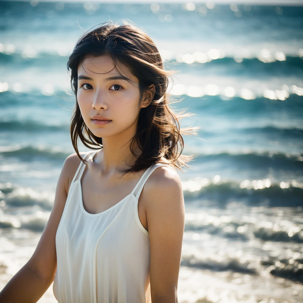 A hyper-realistic image of a single Japanese woman in her early 20s, captured with the nostalgic warmth and subtle graininess of a film camera, with the focus on her upper body from the shoulders up against a serene seaside backdrop. Her skin has a warm beige tone with a natural, slightly rough texture that includes visible pores, fine lines, and subtle imperfections such as small blemishes, adding to the authenticity of her appearance. The soft, diffused natural light reflects off the ocean waves, casting gentle, warm shadows across her face and shoulders, enhancing the film-like quality and creating a timeless, organic feel. Her straight, glossy black hair is slightly tousled by the ocean breeze, naturally framing her face, and her deep brown eyes reflect the soft light of the seaside, adding depth and emotion. The background subtly captures the peaceful ocean scenery with a glimpse of rolling waves and a faint horizon, blurred to maintain focus on her expression. The film camera effect introduces a slight grain and a softer focus, giving the image a warm, nostalgic atmosphere while maintaining the realistic texture of her skin. She is wearing a light, airy top that complements her natural beauty and the beach setting, with the overall composition designed to evoke a sense of genuine, understated elegance and connection with nature.