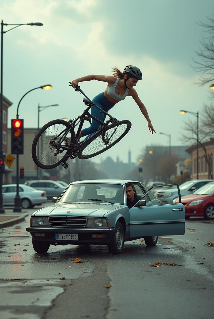 Femme vélo percuté par voiture sur un parking stop grillé