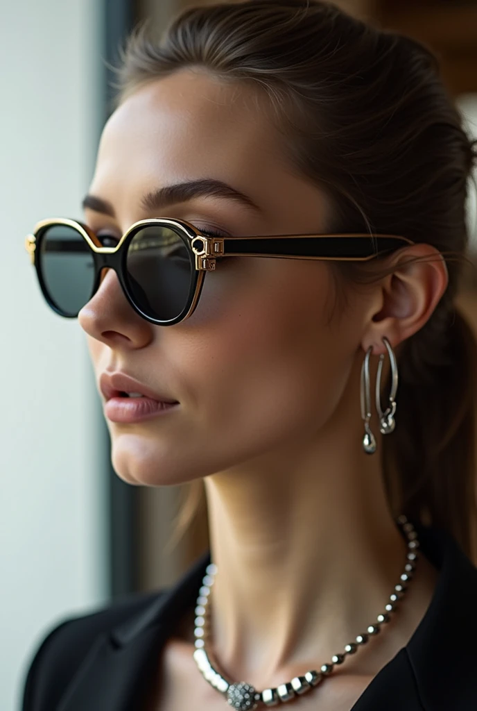 Design glasses that can be folded or transformed into a necklace to wear as jewelry, in gold color, chrome and black.