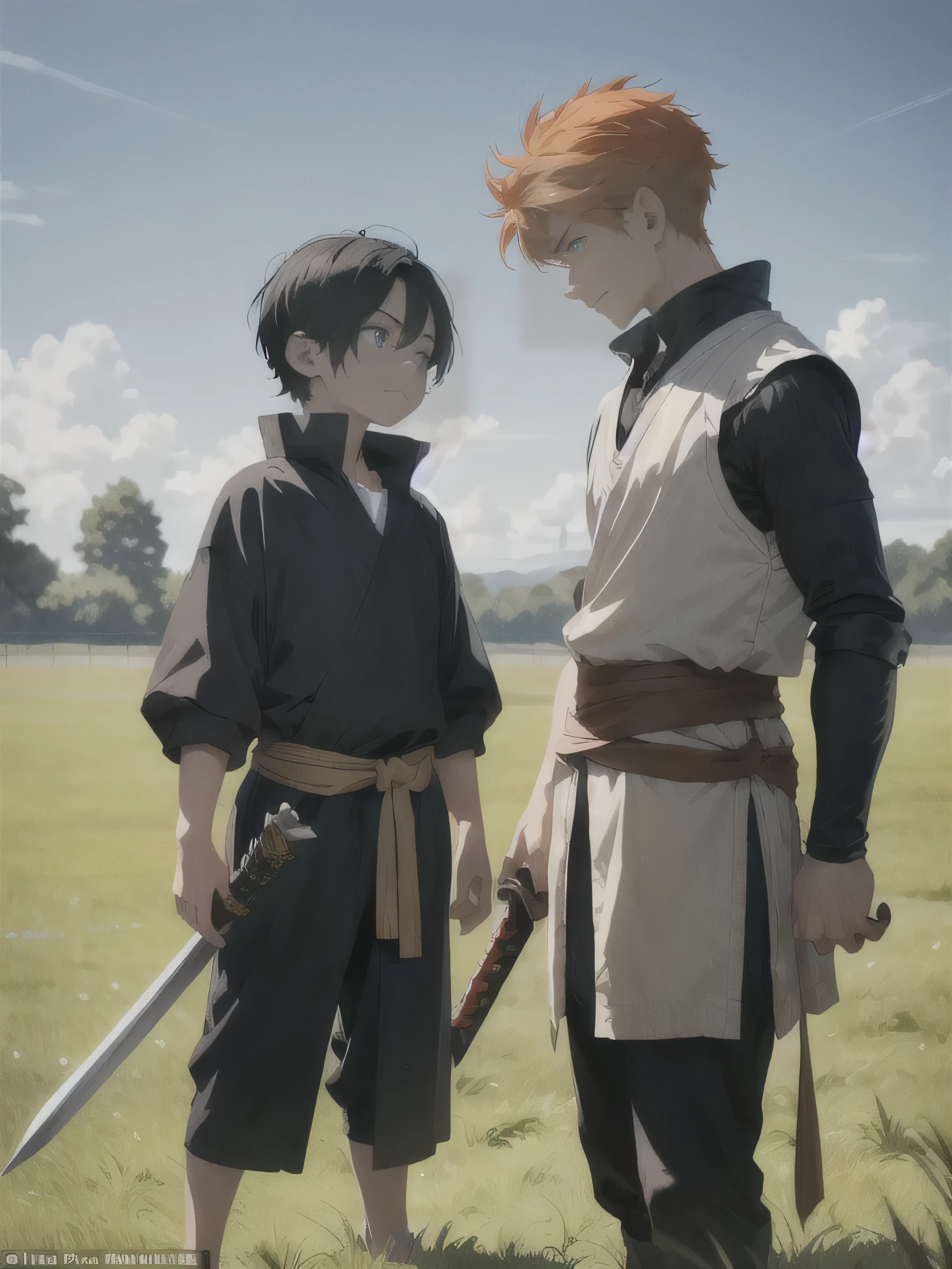 Two child are engaged in a friendly training match on a grassy field. Jason, with short black hair and bright blue eyes, stands confidently, holding a wooden practice sword. Across from him is Caldor, a boy with fiery orange hair and dark, focused eyes. Caldor’s build is slightly more muscular, and he grips his own wooden sword with a determined expression. The atmosphere is one of concentration and friendly rivalry as they face off, surrounded by the open, sunlit field. the shot has to be from afar and the 2 child each on the other side and they are smiling