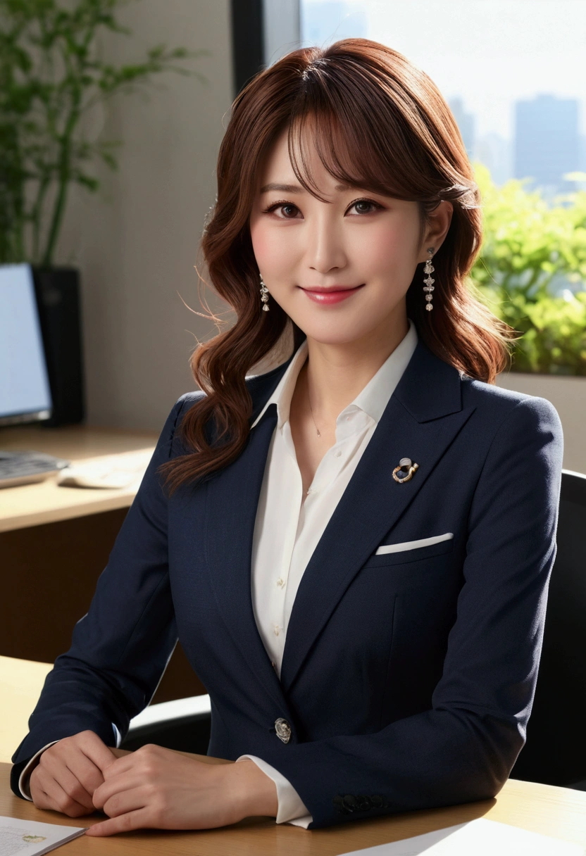 ((最high quality, 8k, masterpiece: 1.3)), (close:0.75), Realistic, Sharp focus, high quality, High resolution,   Japanese middle-aged women threesome、３、Idol face、Glamorous Body、Bust is incredibly large at 40 inches ｛Random Business Suits｝, ((Very strong sunlight)), smile, Random hairstyle,Looking at the camera in an office district in midsummer、Full body image、8k images、