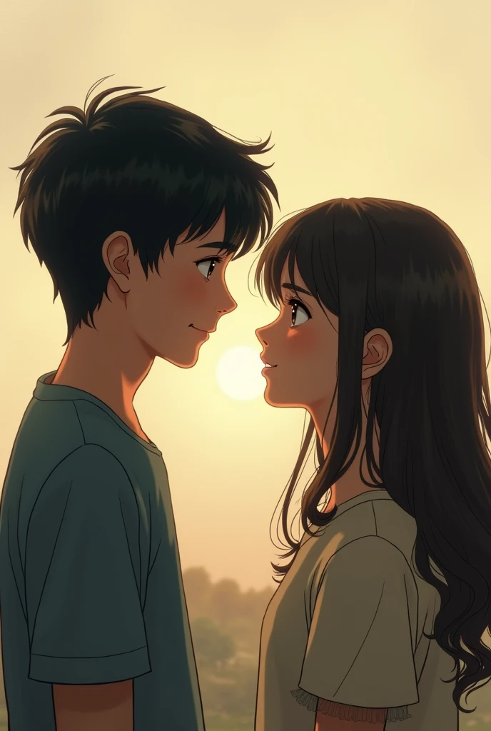 The boy and girl standing at a distance as they part, with a nostalgic backdrop. Close-ups of their faces showing a mixture of satisfaction and lingering sadness.