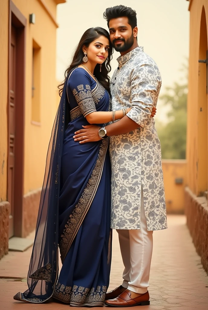 Telugu movie poster. Movie name ' Happy Anniversary '. Love. Both looking camera. Female wearing Navy blue designed saree, Male wearing white and black designed kurta and shoes. Both looking camera. 