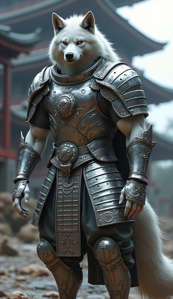A muscular anthropomorphic wolf wearing silver samurai armor、The whole body is projected、Standing facing forward、In the background is a five-story tower