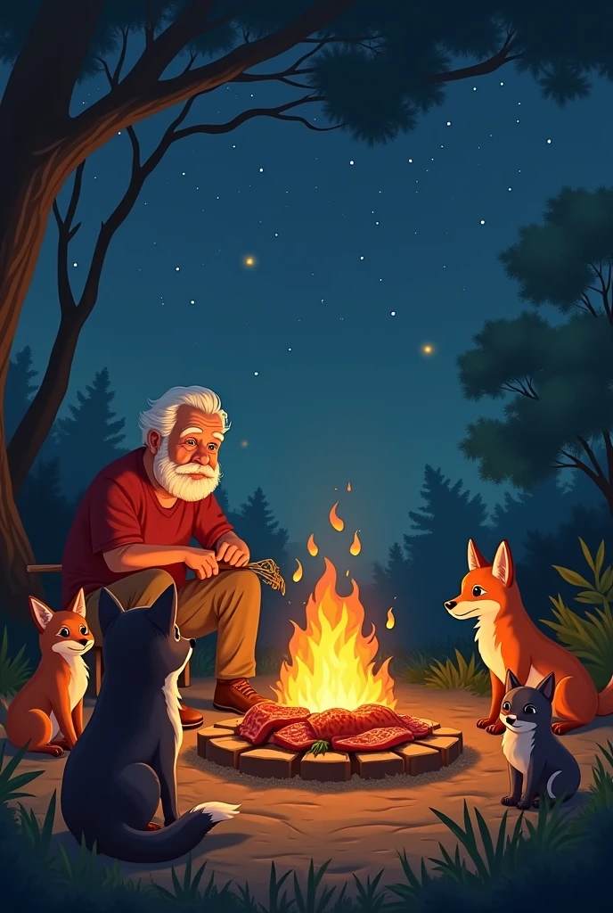 masterpiece、 Highest quality, Highly detailed、8k、 High resolution,  Grilled meat and、Bonfire and、With dog、Cat and、With foxes、With my grandfather、