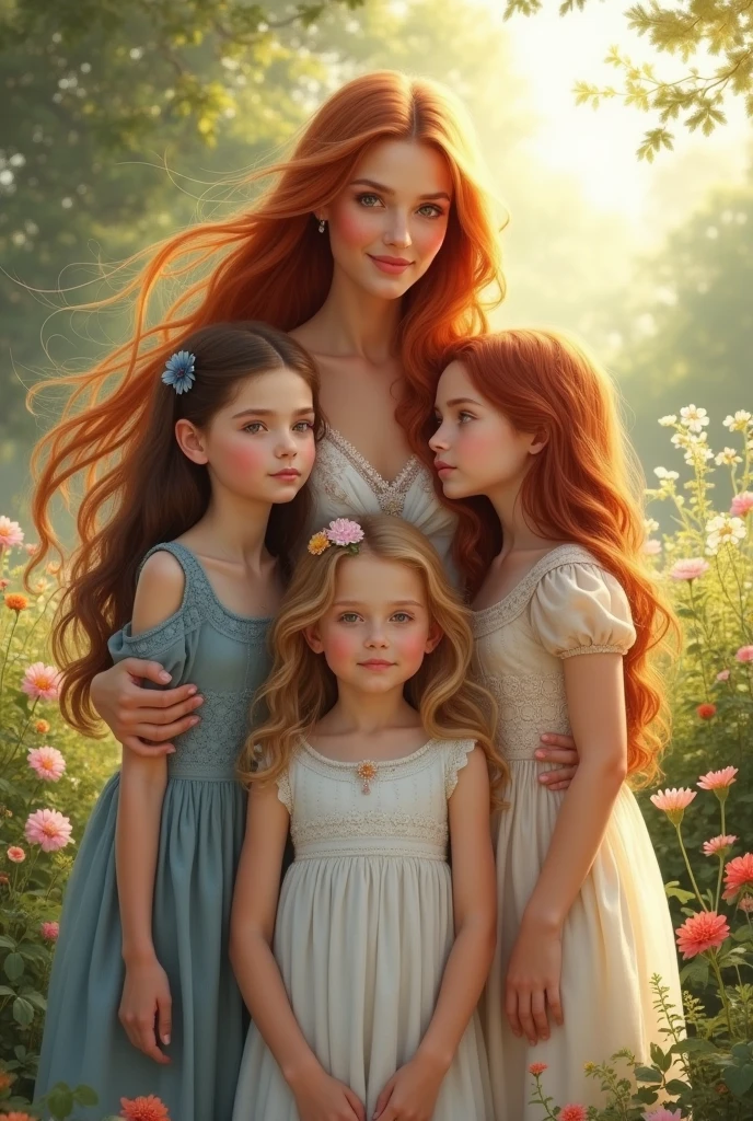 A beautiful long-haired girl has three lovely daughters.