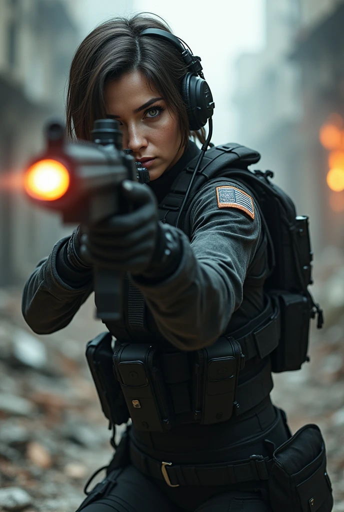 (masterpiece),(Highest quality),(Ultra-high resolution),(Super detailed),(Photorealistic),(One Woman),(Serious:2.0),(Short Bob,Beautiful Eyes,Long eyelashes,Beautiful Hair,Beautiful Skin),(whole body),BREAK(aim at something with an automatic rifle),(Firing an automatic rifle),(Muzzle Flash:2.0),((SWAT Uniforms,Black bulletproof vest, Combat Boots, Black Tactical Forster,Tactical Headset,Tactical Helmet)),(The background is the rubble of ruins),(in battle:1.6),(((Background Blur))),(Detailed hands)