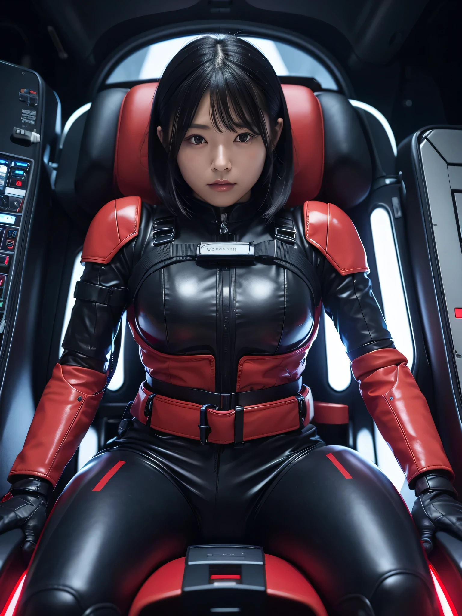 Japanese female android,Black Hair,Space capsule,The person is completely secured in the seat with the backrest reclined by a thick harness belt.,Plump,Wide-legged squats,Light red shiny robot suit,Surrounded by switches and monitors,