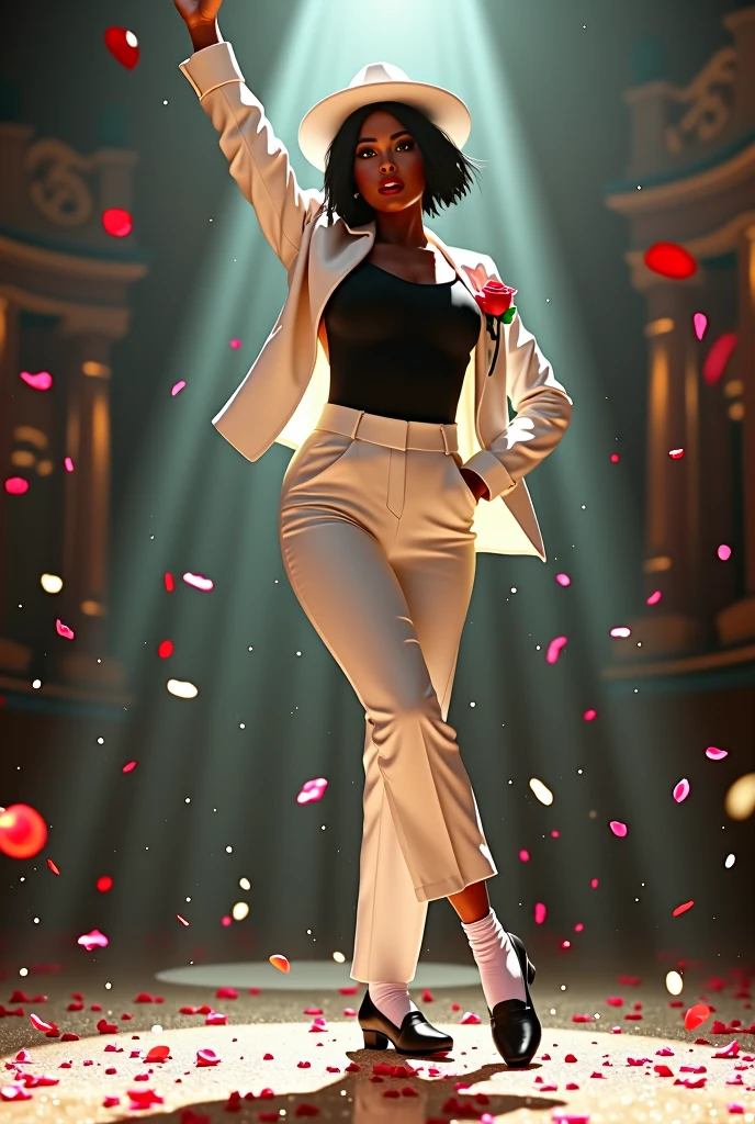 White Hat,hat,Dark Skin,womanダンサー,Black Shirt,White pantsuit,A red rose in the breast pocket,black eye,Exotic atmosphere,White socks,Black Loafers,woman,beautiful,From below,whole body,looking at the camera,Open your eyes,Open your mouth,Short Hair,Black Hair,Are standing,Raise one arm,Spotlight,Lighting using airborne particles,Michael Jackson style,Particles of glitter light,(show business),Fluttering petals,(((Dynamic pose))))