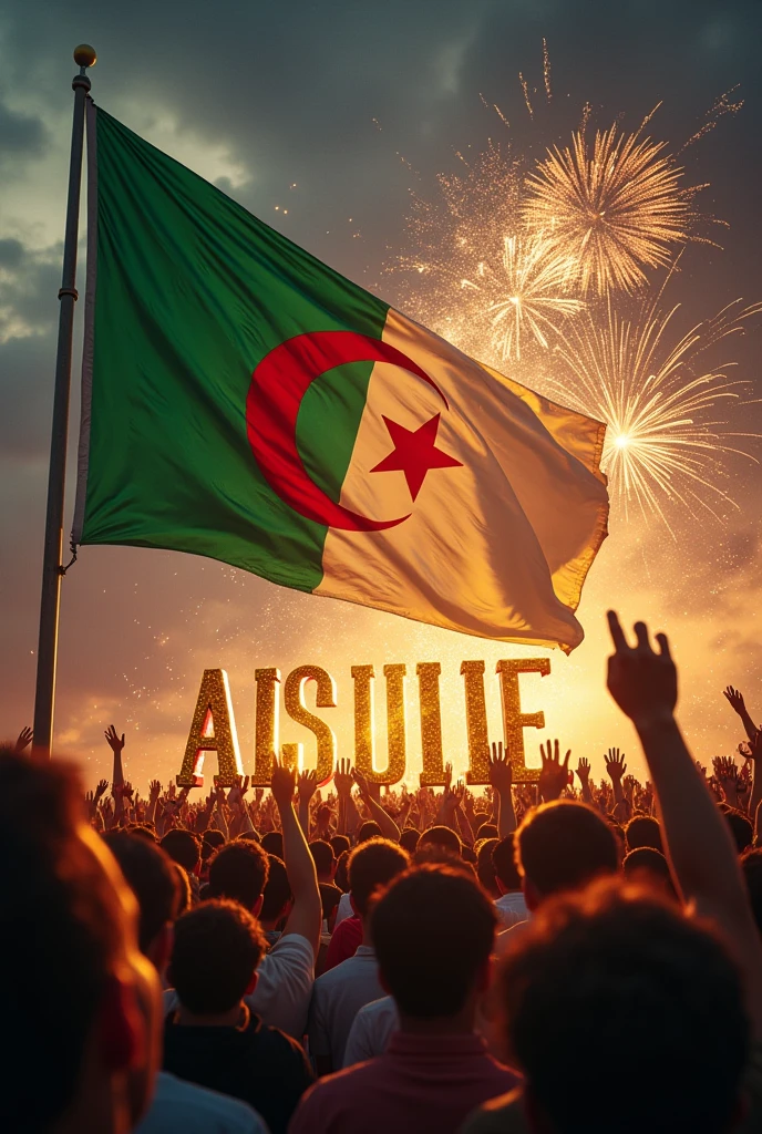 Écrire en lettre d'or le 5 juillet 1962
le drapeau algérien de couleur vert blanc croissant de Lune Étoile 5 branches de couleur rouge et la foule en liesse et feu d'artifice