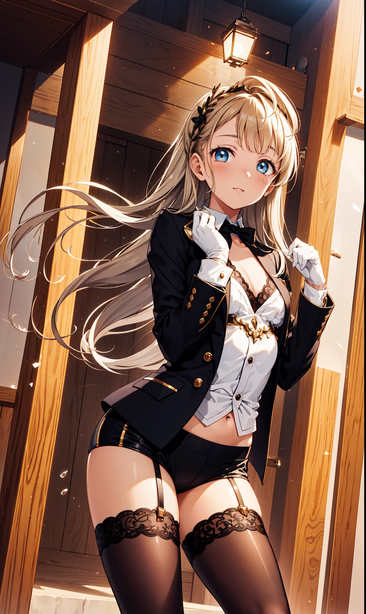 （masterpiece, Side Light, Delicate and beautiful eyes: 1.2)， Smooth skin，happy，（（Solitary），Drooping corners of the eyes，（High Detail Skin），（Perfect body），A beautiful girl，Small Breasts，Obsessed，（（Bust-covering suit jacket）），（satin collar），（Short gloves are only half the length of a palm），Lace-up pantyhose，High waist pants，night，Small high waist