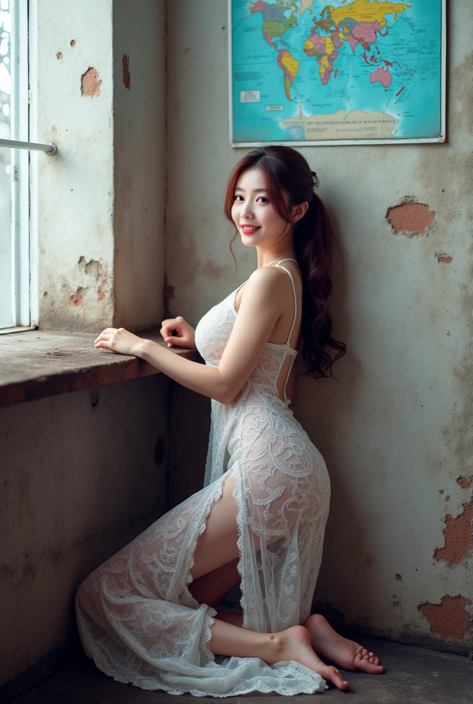 (Highest quality:1.4),(masterpiece:1.4),(Realistic:1.4),(Realistic:1.2),(超High resolution, RAW Photos:1.4),(High resolution, Very detailed:1.2),(8k:1.2),photograph,(Shot from behind:1.3)、Korean women、brown hair photos,One Woman,alone,(In underwear),Very large breasts,((Thigh to head shot:1.3))、(((topless、You can see her large breasts from the side.)))、((Toothy smile))、((Very large breasts:1.4))、Realistic skin textures、Slightly freckled、Slender figure、Realistic skin textures、((background,Concrete wall:1.3)),(topless,The breast is visible from the side:1.6),(Long lace slip,White)、3 woman、The angle at which the nipple is not visible、((Updo long hairstyle))、((Black,Long lace slip:1.4))、Correct toes、Detailed facial features、Long slip covers the buttocks and soles of the feet、Long slip covers your butt、