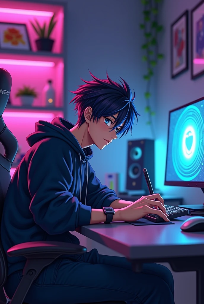 One anime handsome man sit in Gaming room and write Nepali Brand 