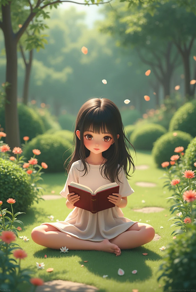 A cute girl is sitting in the garden thinking about a book