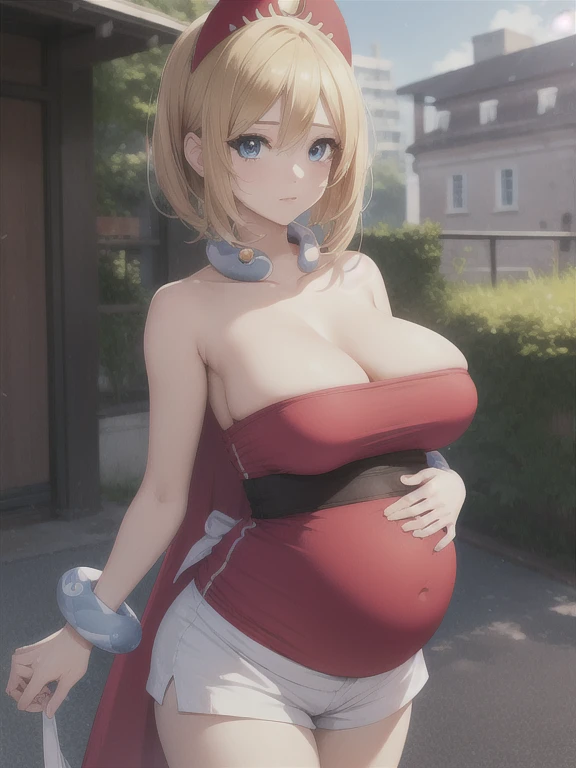 1 pregnant girl, pokemonirida, pokemonirida, blonde hair, blue eyes, hair between eyes, medium hair, (huge breasts:1.2),
BREAK bracelet, hat, jewelry, neck ring, red headwear, red shirt, sash, shirt, shorts, strapless, strapless shirt, waist cape, white shorts,
BREAK looking at viewer, (cowboy shot:1.2),
BREAK outdoors, city, sky,
BREAK (masterpiece:1.2), best quality, high resolution, unity 8k wallpaper, (illustration:0.8), (beautiful detailed eyes:1.6), extremely detailed face, perfect lighting, extremely detailed CG, (perfect hands, perfect anatomy), bursting breasts, atb, third trimester of pregnancy