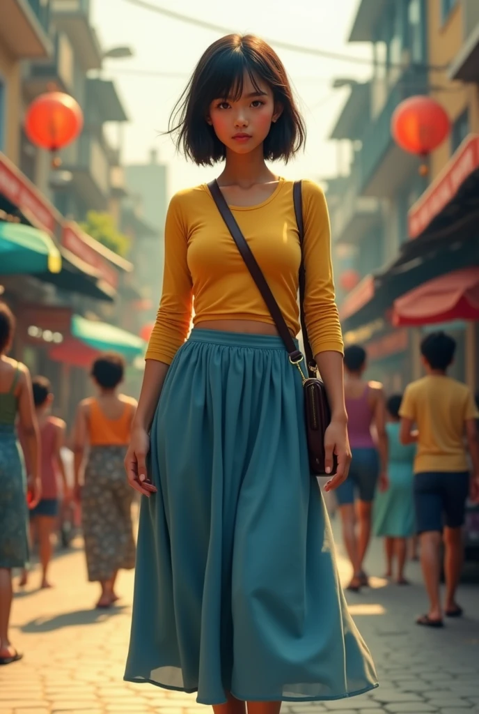 (photorealism:1.2), photography of a 1 Indonesian girl, beautiful, short straight and thick hair, stocky body, beautiful curves, tight yellow long-sleeved t-shirt, long and wide blue skirt, flip-flops, wearing a sling bag, full body photo, busy city, warm colors, by Greg Rutkowski