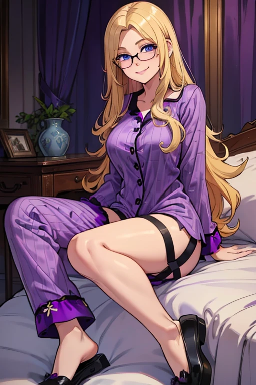 female, blonde long hair, blue eyes, (((1girl))), (((purple pajama top with black trim))), (purple pajama pants with black trim), (white slippers), (glasses), cute and sexy, full body, large breasts, long legs, smiling
