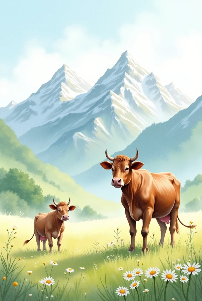 Painting in watercolor style mountains slightly snowy and falling plow two cows on the first background hand with one chamomile