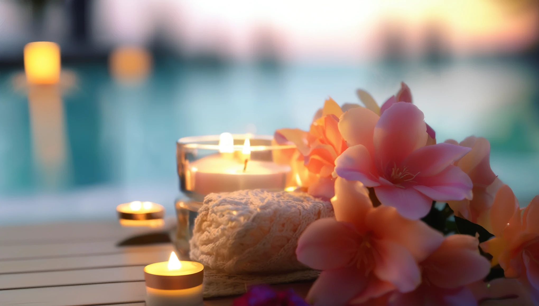 On a table near the pool、Candles and flowers are placed。, Beautiful atmosphere, Beautiful atmosphere, Romantic atmosphere, Peaceful atmosphere, relax atmosphere, Romantic atmosphere, relax, Night atmosphere, Soft glow, relax mood, Soft and warm light, Beautifully illuminated, 穏やかなNight atmosphere, Blissful atmosphere, Candles in the foreground, very relax, Warm and fun atmosphere