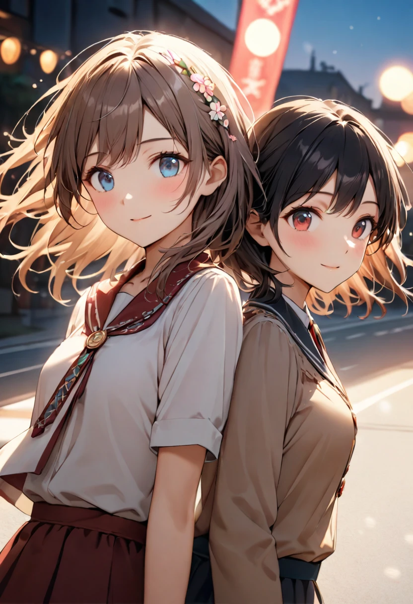 {{Highest quality}},Delicate illustration,Detailed depiction, masterpiece, Boho Eye Hinai Girl, Playful Themes, {{{Group of 2}}}、{{{Two girls}}}、High school girls、Raw photo of a girl in uniform。Decorative details and symbols are often used。, Brown hair gently fluttering in the wind,Clear blue eyes、A gentle smile、Raw photo of a girl in uniform。Decorative details and symbols are often used。, Black hair gently fluttering in the wind,Clear red eyes、A gentle smile、 Long-distance shots, High Key Light, Hard Shadows, Soft bokeh, Professional photography, A balanced deal, Balanced Exposure,