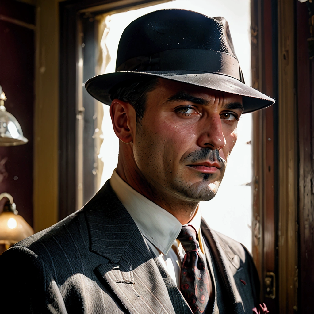 naughty man , mafia style, using suit (( cinematic quality )) WEARING A SHORT-BRIM HAT, 1940s style, sinister looking