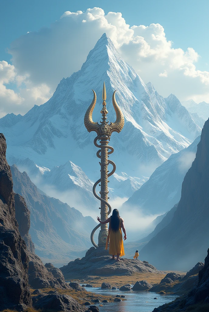 Background with Himalayas mountain Mahadev and infront right hand side Trishul with Vasuki snake . Full Image Resolution above 8k vertical 